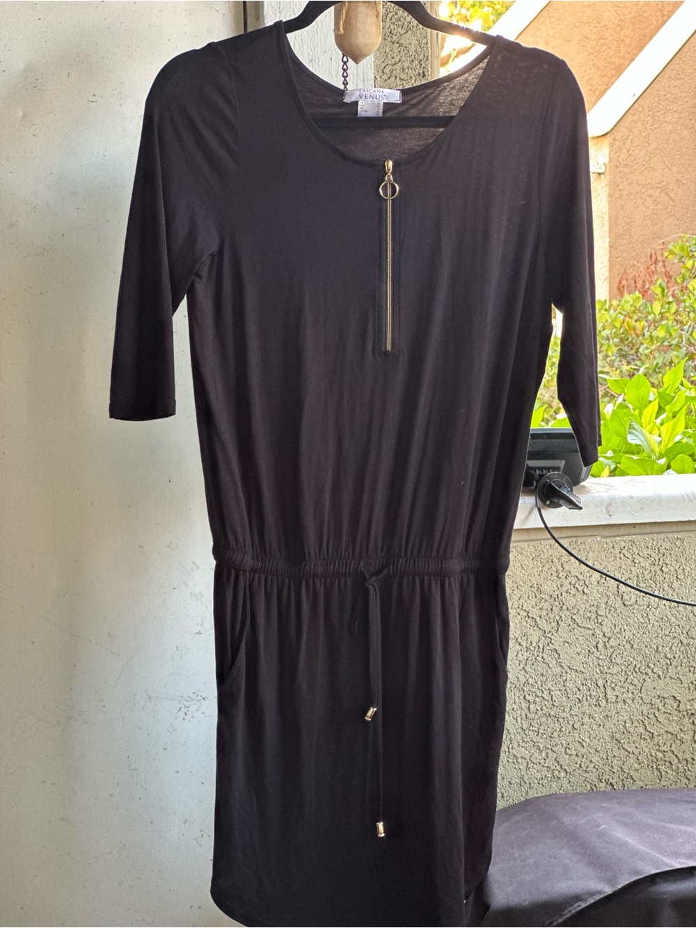 Lascana For Venus Black Casual Zip  Mini Dress Sz USA XS Drawstring Drip